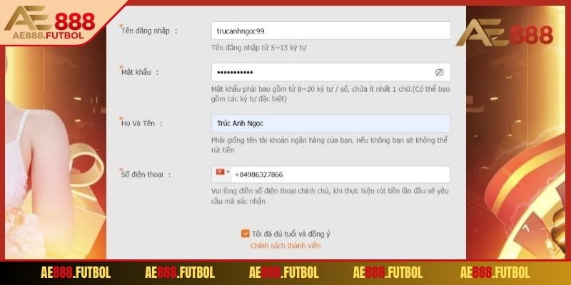 Đăng Ký AE888 2 Người chơi nhập thông tin cá nhân vào biểu mẫu
